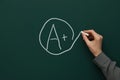 School grade. Teacher encircling letter A and plus symbol with chalk on green chalkboard