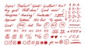 School grading doodle set with red score marks and handwritten comments for classroom worksheet, teacher exam feedback. Hand drawn Royalty Free Stock Photo