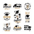 School graduation labels. Congrats 2022 academic symbols, congratulations graduated school, college, university. Retro