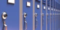 School, gym lockers, blue color closeup view. 3d illustration