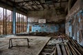 School gymnasium in the city of Pripyat in Ukraine. Emptiness. Dampness. Exclusion Zone. Nuclear danger. Ghost City Royalty Free Stock Photo