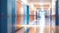 School hallway with blue and orange lockers, bright sunlight, and a long perspective down the corridor Royalty Free Stock Photo