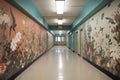 school hallway with intricate mural of birds and flowers