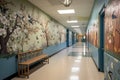 school hallway with intricate mural of birds and flowers