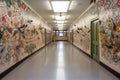 school hallway with intricate mural of birds and flowers