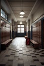 school hallway with lockers and empty benches