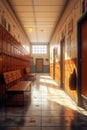 school hallway with lockers and empty benches