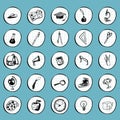 School hand drawn doodle icons. Black outline, notebook circle background.