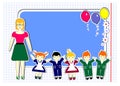 school, happy children, teacher, pretty funny happy children, balloons, flowers, vector, illustration, new