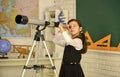 School hobby club. Observation concept. Astronomy and Astrophysics. Stars and galaxies. Study telescope. School