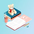 School homework book pencil isometric vector