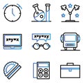 School icon set include clock,lamp,mathematics,glasses,bus,ruler,calculator,suitcase