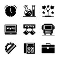 School icon set include clock,laboratory,lamp,mathematics,glasses,bus,ruler,calculator,suitcase