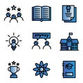 School icon set include rank, book, certificate, bulb, discuss,building,achievement,science