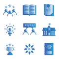 School icon set include rank, book, certificate, bulb, discuss,building,achievement,science