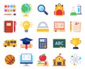 School icons. Education process students elementary study, pupil, note, pencil and book. Computer, ruler, school building vector