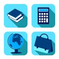 School items. Backpack, globe, calculator, books. September 1, beginning of school year. Set of square vector icons on white