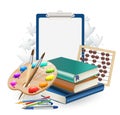 School items composition background with brushes and art palette Royalty Free Stock Photo