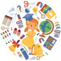 School items illustration. Girl with backpack supplies, globe, scissors, copybooks, pencils, rubbers, calculator, bell