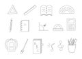 School items notebook pen ruler backpack textbook paint calculator. Vector illustration icon. Concept education of Back