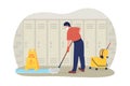 School janitor in the corridor 2D vector isolated illustration Royalty Free Stock Photo