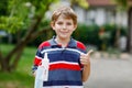 School kid boy with medical mask as protection against pandemic coronavirus quarantine disease. Child holding bottle Royalty Free Stock Photo