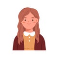 School kid girl, face portrait. Smiling child avatar. Cute schoolgirl head. Happy little student, pupil. Elementary