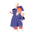 School kid in graduation gown. Happy child student graduating with diploma. Little cute girl in bachelor cap, hat. Smart