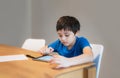 School Kid learning online class room at home, Child using tablet for homework, Young boy studying online video call, E-learning Royalty Free Stock Photo