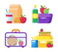 School kid lunch box. Healthy and nutritional food, bottle or cup of drink. Sandwich and snacks packed in plastic