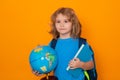 School kid portrait. Schoolboy with world globe and book. School child student with backpack. Elementary school child