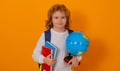 School kid portrait. Schoolboy with world globe and book. School child student with backpack. Elementary school child