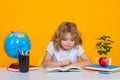 School kid reading book. Nerd pupil boy from elementary school with book isolated on yellow studio background. Smart Royalty Free Stock Photo
