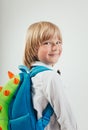 School, kid, rucksack. Little Boy dressed in bow tie. Cheerful smiling little kid with big backpack. Looking at camera. Royalty Free Stock Photo