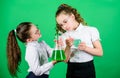 School kid scientist studying science. biology education. little smart girls with testing flask. children study Royalty Free Stock Photo