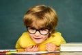 School kids against green chalkboard. Blackboard background. Educational process. School concept. Happy mood smiling Royalty Free Stock Photo