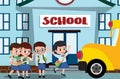 School kids in campus vector design. pre-school, student kids characters happy boarding on a school bus