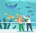 School Kids Characters Stand at Oceanarium Learning Underwater Sea and Ocean Animals. Children Visiting Aquarium Royalty Free Stock Photo