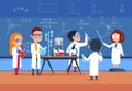 School kids in chemistry lab. Children in science laboratory make test. Cartoon pupils girls and boys in class. Vector