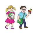 School kids in colorful clothing, boy and girl walking with books and bell, hand drawn doodle, sketch, vector illustration Royalty Free Stock Photo