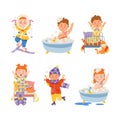 School kids day routine activities set. Cute boys and girls skiing, awakening, bathing and skating cartoon vector Royalty Free Stock Photo