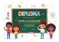 School kids Diploma certificate template with cute happy children of different nationalities Royalty Free Stock Photo