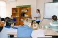 School kids in class with teacher woman