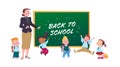 Group of happy school kids characters with backpacks and lady teacher together at school blackboard smiling isolated on white back Royalty Free Stock Photo