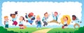 Horizontal banner with multiracial happy school kids group with backpacks smiling, jumping and having fun on green lawn in sunny d