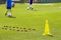 School kids kicking soccer balls on the training pitch. Group of children in sports soccer training Royalty Free Stock Photo