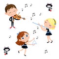 School kids playing different music instrument on white background - violin, flute, triangle Royalty Free Stock Photo