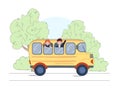 School kids riding school bus. Delivery of children by school bus. Boy and girl waving hands from bus vector Royalty Free Stock Photo