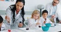 School kids, science and class with teacher, lab and learning information with experiment for knowledge. Children, boy Royalty Free Stock Photo
