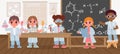 School kids in science laboratory classroom do chemical test. Students study chemistry with beakers, microscope and